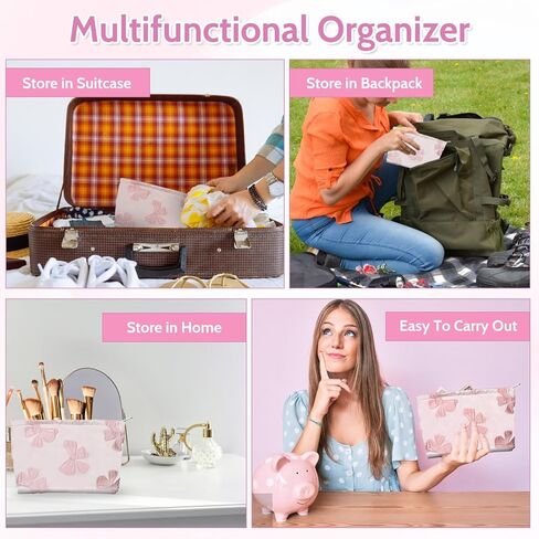 Makeup Bag Large Capacity Elegant Bow Preppy Cosmetic Bag Aesthetic Design Canvas Zipper Organizer Pouch Cute Roomy Pink Portable Toiletry Bag for Women Girls Travel Storage Accessories in Saudi Arabia