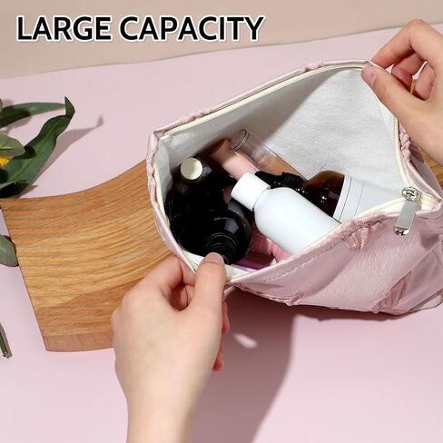 Makeup Bag Large Capacity Elegant Bow Preppy Cosmetic Bag Aesthetic Design Canvas Zipper Organizer Pouch Cute Roomy Pink Portable Toiletry Bag for Women Girls Travel Storage Accessories in Saudi Arabia