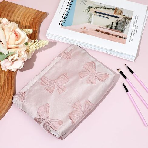 Makeup Bag Large Capacity Elegant Bow Preppy Cosmetic Bag Aesthetic Design Canvas Zipper Organizer Pouch Cute Roomy Pink Portable Toiletry Bag for Women Girls Travel Storage Accessories in Saudi Arabia