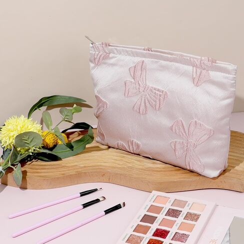 Makeup Bag Large Capacity Elegant Bow Preppy Cosmetic Bag Aesthetic Design Canvas Zipper Organizer Pouch Cute Roomy Pink Portable Toiletry Bag for Women Girls Travel Storage Accessories in Saudi Arabia