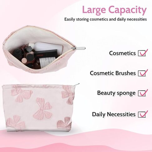Makeup Bag Large Capacity Elegant Bow Preppy Cosmetic Bag Aesthetic Design Canvas Zipper Organizer Pouch Cute Roomy Pink Portable Toiletry Bag for Women Girls Travel Storage Accessories in Saudi Arabia