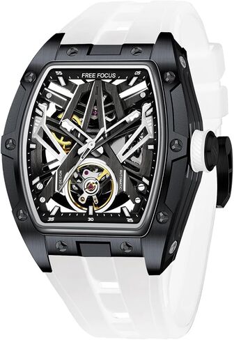 Unique Men Watches,Automatic Mechanical Watch,Luxury Hollow Tonneau Watches for Men with Stainless Steel Case and Silicon Band (Self-Wind Movement/Waterproof/Super_Luminous) in Saudi Arabia