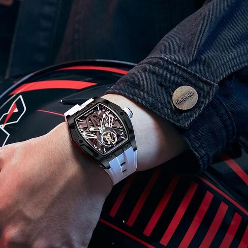 Unique Men Watches,Automatic Mechanical Watch,Luxury Hollow Tonneau Watches for Men with Stainless Steel Case and Silicon Band (Self-Wind Movement/Waterproof/Super_Luminous) in Saudi Arabia