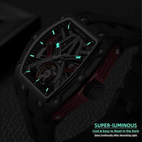 Unique Men Watches,Automatic Mechanical Watch,Luxury Hollow Tonneau Watches for Men with Stainless Steel Case and Silicon Band (Self-Wind Movement/Waterproof/Super_Luminous) in Saudi Arabia