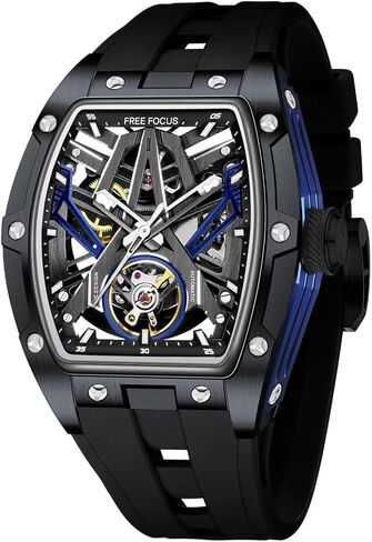 Unique Men Watches,Automatic Mechanical Watch,Luxury Hollow Tonneau Watches for Men with Stainless Steel Case and Silicon Band (Self-Wind Movement/Waterproof/Super_Luminous) in Kuwait