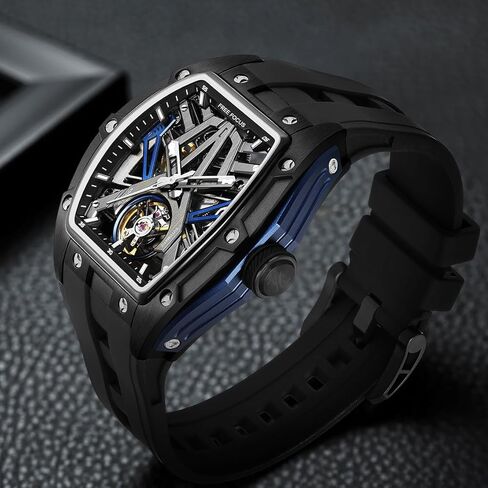 Unique Men Watches,Automatic Mechanical Watch,Luxury Hollow Tonneau Watches for Men with Stainless Steel Case and Silicon Band (Self-Wind Movement/Waterproof/Super_Luminous) in Kuwait