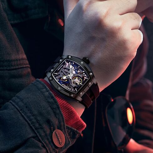 Unique Men Watches,Automatic Mechanical Watch,Luxury Hollow Tonneau Watches for Men with Stainless Steel Case and Silicon Band (Self-Wind Movement/Waterproof/Super_Luminous) in Kuwait
