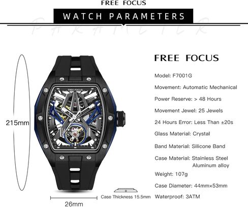 Unique Men Watches,Automatic Mechanical Watch,Luxury Hollow Tonneau Watches for Men with Stainless Steel Case and Silicon Band (Self-Wind Movement/Waterproof/Super_Luminous) in Kuwait