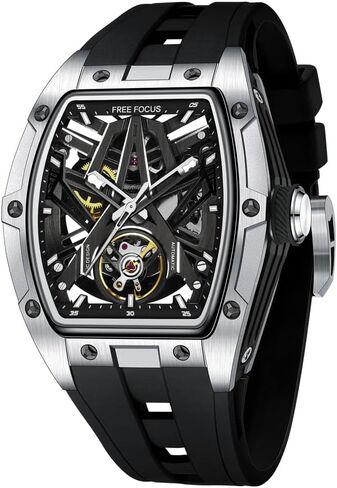 Unique Men Watches,Automatic Mechanical Watch,Luxury Hollow Tonneau Watches for Men with Stainless Steel Case and Silicon Band (Self-Wind Movement/Waterproof/Super_Luminous) in Kuwait