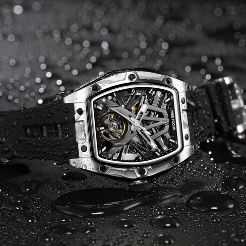 Unique Men Watches,Automatic Mechanical Watch,Luxury Hollow Tonneau Watches for Men with Stainless Steel Case and Silicon Band (Self-Wind Movement/Waterproof/Super_Luminous) in Kuwait