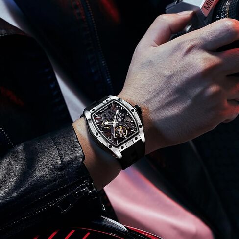Unique Men Watches,Automatic Mechanical Watch,Luxury Hollow Tonneau Watches for Men with Stainless Steel Case and Silicon Band (Self-Wind Movement/Waterproof/Super_Luminous) in Kuwait
