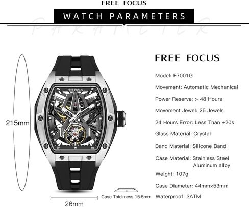 Unique Men Watches,Automatic Mechanical Watch,Luxury Hollow Tonneau Watches for Men with Stainless Steel Case and Silicon Band (Self-Wind Movement/Waterproof/Super_Luminous) in Kuwait