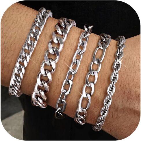 YADOCA Silver Chain Bracelets for Men Women - Waterproof Stainless Steel Figaro Rope Cuban Link Bracelet for Mens Silver Bracelet Jewelry Gift 6.5/7/7.5/8.3/9 Inches in Saudi Arabia