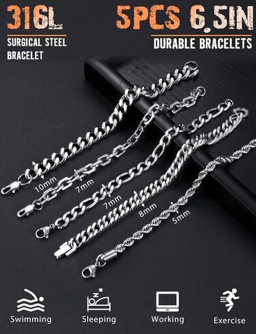 YADOCA Silver Chain Bracelets for Men Women - Waterproof Stainless Steel Figaro Rope Cuban Link Bracelet for Mens Silver Bracelet Jewelry Gift 6.5/7/7.5/8.3/9 Inches in Saudi Arabia