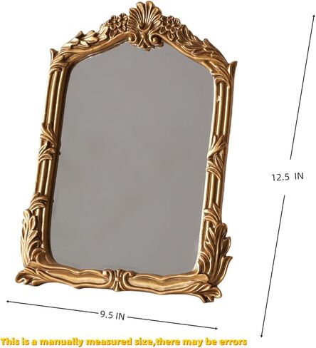 مرآة مكياج مكياج صغيرة في فورتي ، 10.2 "× 7" مرآة طاولة ذهبية عتيقة ، طراز باروكي ، مرآة إطار منحوتة لغرفة النوم ، غرفة المعيشة ، ديكور الطاولة in Kuwait