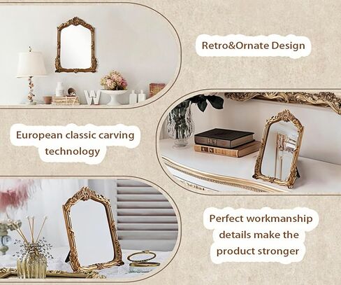 مرآة مكياج مكياج صغيرة في فورتي ، 10.2 "× 7" مرآة طاولة ذهبية عتيقة ، طراز باروكي ، مرآة إطار منحوتة لغرفة النوم ، غرفة المعيشة ، ديكور الطاولة in Kuwait