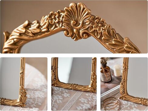 مرآة مكياج مكياج صغيرة في فورتي ، 10.2 "× 7" مرآة طاولة ذهبية عتيقة ، طراز باروكي ، مرآة إطار منحوتة لغرفة النوم ، غرفة المعيشة ، ديكور الطاولة in Kuwait