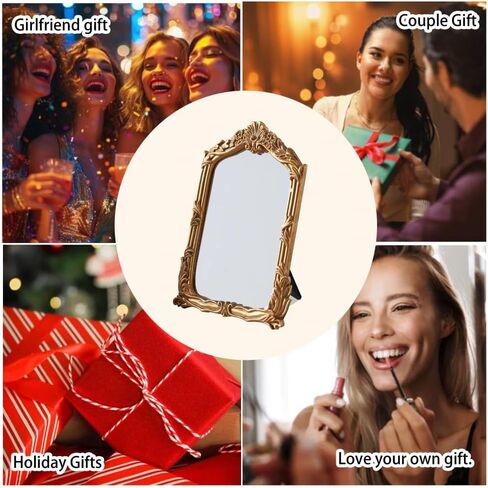 مرآة مكياج مكياج صغيرة في فورتي ، 10.2 "× 7" مرآة طاولة ذهبية عتيقة ، طراز باروكي ، مرآة إطار منحوتة لغرفة النوم ، غرفة المعيشة ، ديكور الطاولة in Kuwait