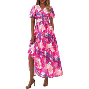 PRETTYGARDEN Summer Maxi Dresses for Women 2025 Floral V Neck Puff Sleeve Empire Waist A Line Flowy Long Beach Boho Dress in Saudi Arabia
