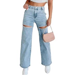 Unybwonn Women High Waist Baggy Ripped Jeans Rhinestone Trim Bling Denim Pants Y2k Straight Wide Leg Pants Streetwear in Kuwait