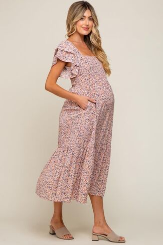PinkBlush Floral Flutter Maternity Midi Dress in Kuwait