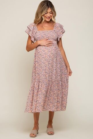 PinkBlush Floral Flutter Maternity Midi Dress in Kuwait