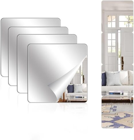 Abyssaly Mirror Stickers for Walls 4 Pack 11.8''x11.8'' Self Adhesive Stick on Mirrors Tiles Small Peel and Stick 2mm Unbreakable Wall Mirrors Decorative Sheets for Kitchen in Saudi Arabia