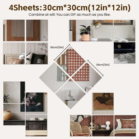 Abyssaly Mirror Stickers for Walls 4 Pack 11.8''x11.8'' Self Adhesive Stick on Mirrors Tiles Small Peel and Stick 2mm Unbreakable Wall Mirrors Decorative Sheets for Kitchen in Saudi Arabia