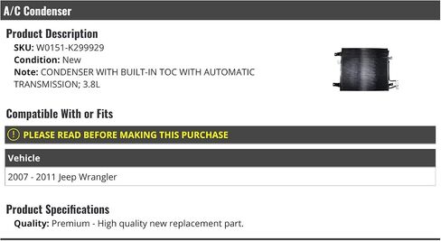 مكثف A/C - مع مبرد زيت ناقل الحركة - متوافق مع 2007-2011 Jeep Wrangler 3.8L ناقل حركة أوتوماتيكي in Saudi Arabia