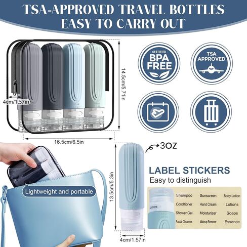 Travel Bottles for Toiletries, 3oz TSA Approved Travel Size Toiletries, Silicone Leak-Proof Refillable Containers, Squeezable Liquid Essentials Bottles W/Clear Bag（GRAY） in Saudi Arabia