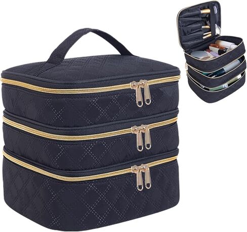 Large Makeup Bag 3 Layers with Handle Travel Makeup Bag Organizer Toiletry Accessories Bottles, Brushes, and Skin Care Products (Blakc) in Saudi Arabia