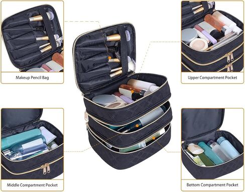 Large Makeup Bag 3 Layers with Handle Travel Makeup Bag Organizer Toiletry Accessories Bottles, Brushes, and Skin Care Products (Blakc) in Saudi Arabia