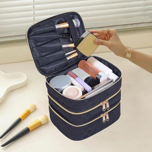 Large Makeup Bag 3 Layers with Handle Travel Makeup Bag Organizer Toiletry Accessories Bottles, Brushes, and Skin Care Products (Blakc) in Saudi Arabia