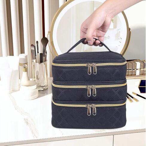 Large Makeup Bag 3 Layers with Handle Travel Makeup Bag Organizer Toiletry Accessories Bottles, Brushes, and Skin Care Products (Blakc) in Saudi Arabia