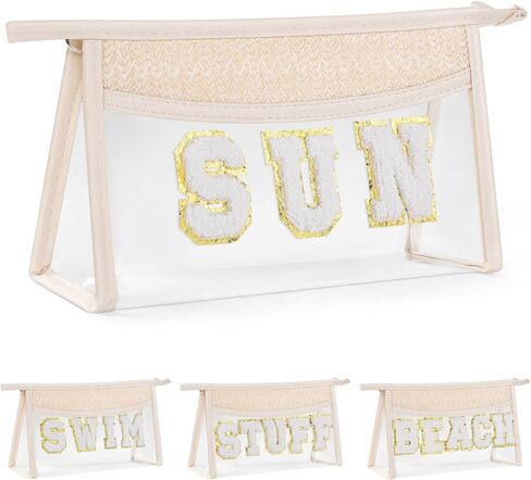 Etercycle Boho Patch BEACH Makeup Bag, Clear PVC Travel Toiletry Bag Waterproof Beach Bags for Women, Small Chenille Letter Bag With Zipper for Beach Travel Essentials in Kuwait