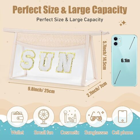 Etercycle Boho Patch BEACH Makeup Bag, Clear PVC Travel Toiletry Bag Waterproof Beach Bags for Women, Small Chenille Letter Bag With Zipper for Beach Travel Essentials in Kuwait