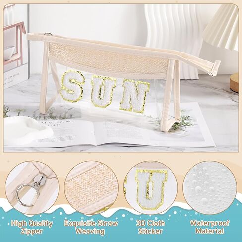 Etercycle Boho Patch BEACH Makeup Bag, Clear PVC Travel Toiletry Bag Waterproof Beach Bags for Women, Small Chenille Letter Bag With Zipper for Beach Travel Essentials in Kuwait