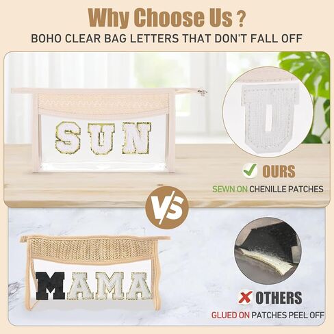 Etercycle Boho Patch BEACH Makeup Bag, Clear PVC Travel Toiletry Bag Waterproof Beach Bags for Women, Small Chenille Letter Bag With Zipper for Beach Travel Essentials in Kuwait