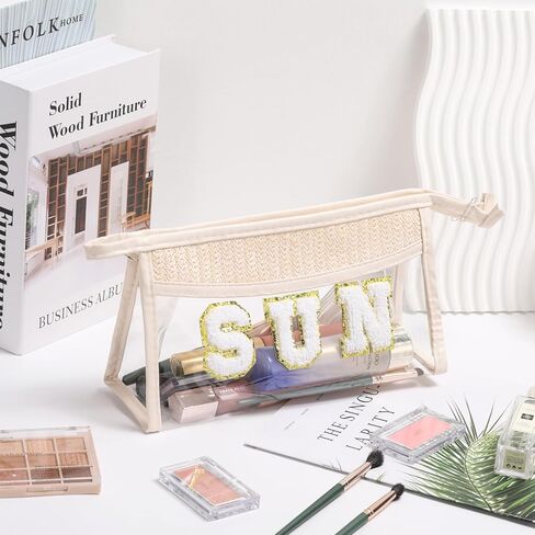 Etercycle Boho Patch BEACH Makeup Bag, Clear PVC Travel Toiletry Bag Waterproof Beach Bags for Women, Small Chenille Letter Bag With Zipper for Beach Travel Essentials in Kuwait