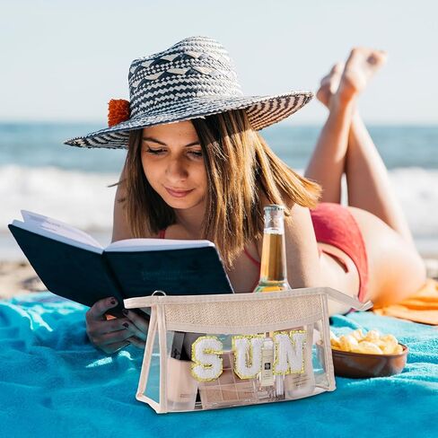 Etercycle Boho Patch BEACH Makeup Bag, Clear PVC Travel Toiletry Bag Waterproof Beach Bags for Women, Small Chenille Letter Bag With Zipper for Beach Travel Essentials in Kuwait