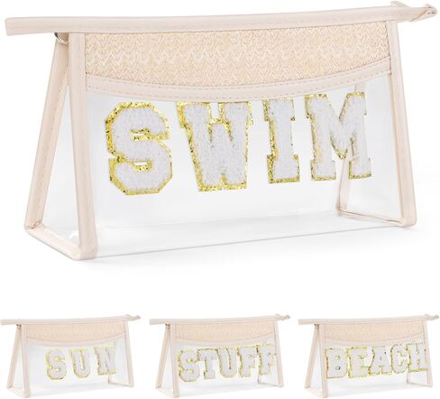 Etercycle Boho Patch BEACH Makeup Bag, Clear PVC Travel Toiletry Bag Waterproof Beach Bags for Women, Small Chenille Letter Bag With Zipper for Beach Travel Essentials in Saudi Arabia