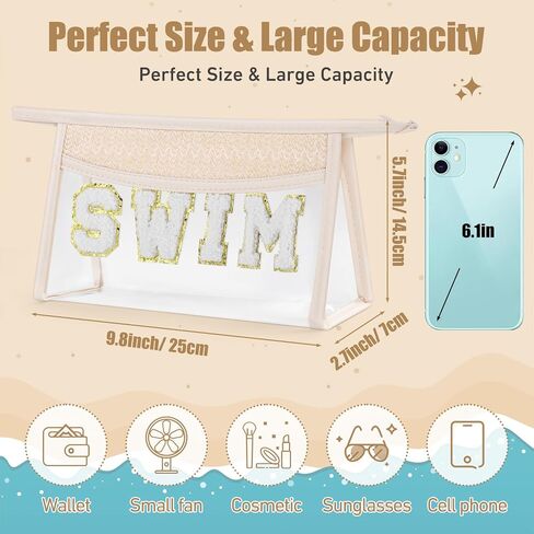 Etercycle Boho Patch BEACH Makeup Bag, Clear PVC Travel Toiletry Bag Waterproof Beach Bags for Women, Small Chenille Letter Bag With Zipper for Beach Travel Essentials in Saudi Arabia