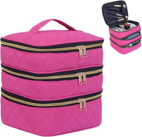 Large Makeup Bag 3 Layers with Handle Travel Makeup Bag Organizer Toiletry Accessories Bottles, Brushes, and Skin Care Products (Blakc) in Saudi Arabia