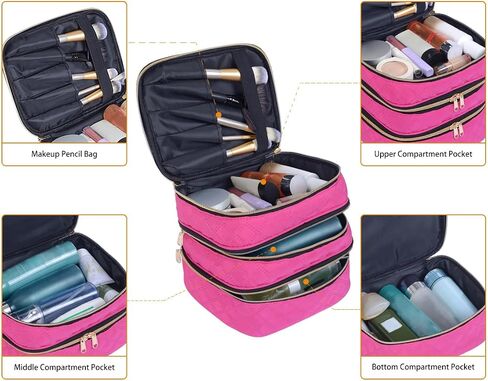 Large Makeup Bag 3 Layers with Handle Travel Makeup Bag Organizer Toiletry Accessories Bottles, Brushes, and Skin Care Products (Blakc) in Saudi Arabia