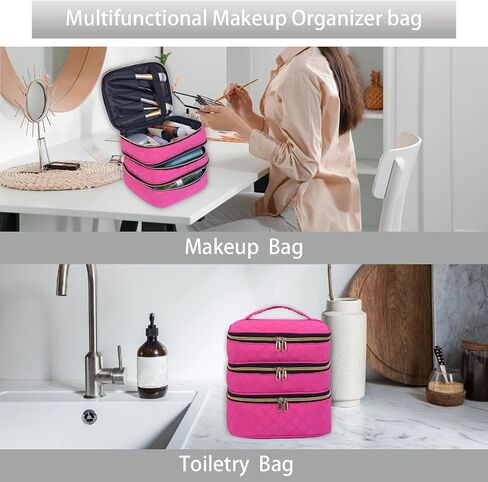 Large Makeup Bag 3 Layers with Handle Travel Makeup Bag Organizer Toiletry Accessories Bottles, Brushes, and Skin Care Products (Blakc) in Saudi Arabia