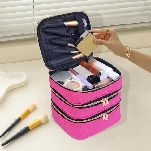 Large Makeup Bag 3 Layers with Handle Travel Makeup Bag Organizer Toiletry Accessories Bottles, Brushes, and Skin Care Products (Blakc) in Saudi Arabia