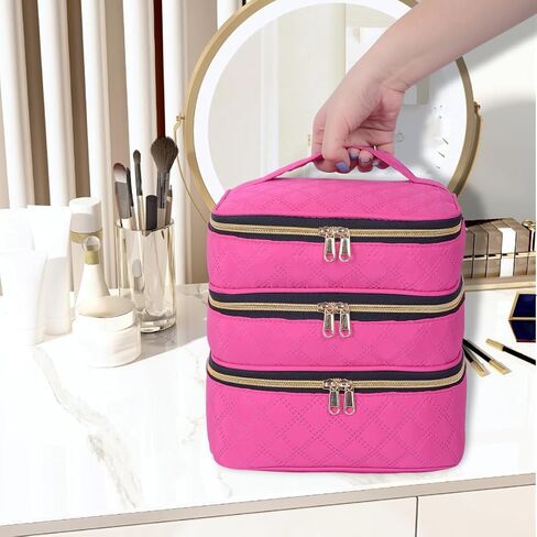 Large Makeup Bag 3 Layers with Handle Travel Makeup Bag Organizer Toiletry Accessories Bottles, Brushes, and Skin Care Products (Blakc) in Saudi Arabia