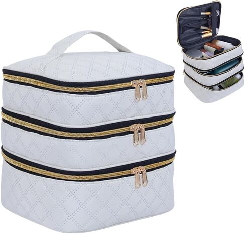Large Makeup Bag 3 Layers with Handle Travel Makeup Bag Organizer Toiletry Accessories Bottles, Brushes, and Skin Care Products (Blakc) in Saudi Arabia