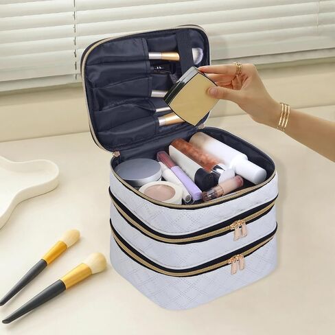 Large Makeup Bag 3 Layers with Handle Travel Makeup Bag Organizer Toiletry Accessories Bottles, Brushes, and Skin Care Products (Blakc) in Saudi Arabia