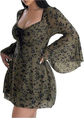 Floerns Women's Plus Size Floral Gothic Dress Flare Long Sleeve Mesh Grunge A Line Dress in Saudi Arabia